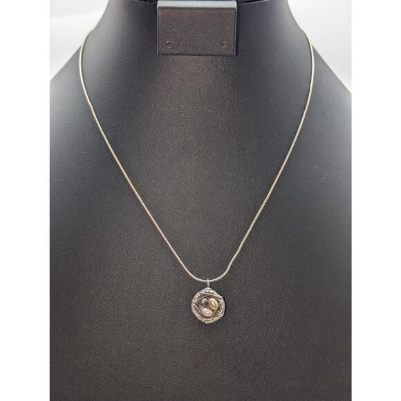Vintage 925 Sterling Silver Bird's Next Pearl Eggs Pendant Snake Chain Necklace - Picture 7 of 9